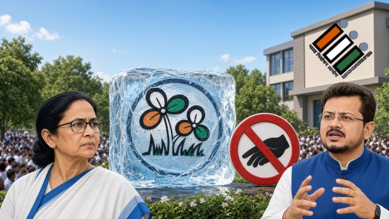 Trinamool Congress's name and election symbol frozen; Election Commission imposes restrictions on both factions.